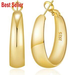 Chunky Gold Hoop Earrings Tapered Design Hypoallergenic Sterling Silver